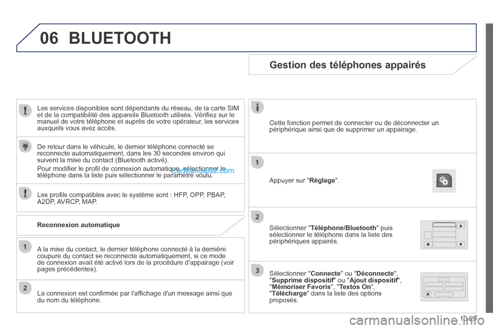 Peugeot Boxer 2014 Manuel du propriétaire (in French) 06
10.23
Les services disponibles sont dépendants du réseau, de la carte SIM et de la compatibilité des appareils Bluetooth utilisés. Vérifi ez sur le manuel de votre téléphone et auprès de Peugeot Boxer 2014 Manuel du propriétaire (in French) 06
10.23
Les services disponibles sont dépendants du réseau, de la carte SIM et de la compatibilité des appareils Bluetooth utilisés. Vérifi ez sur le manuel de votre téléphone et auprès de