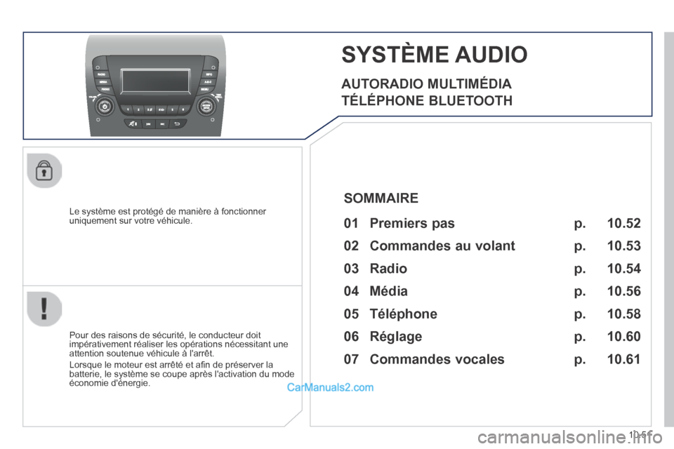 Peugeot Boxer 2014 Manuel du propriétaire (in French) 10.51
SYSTÈME AUDIO
AUTORADIO MULTIMÉDIA
TÉLÉPHONE BLUETOOTH
Le système est protégé de manière à fonctionner uniquement sur votre véhicule.
Pour des raisons de sécurité Peugeot Boxer 2014 Manuel du propriétaire (in French) 10.51
SYSTÈME AUDIO
AUTORADIO MULTIMÉDIA
TÉLÉPHONE BLUETOOTH
Le système est protégé de manière à fonctionner uniquement sur votre véhicule.
Pour des raisons de sécurité