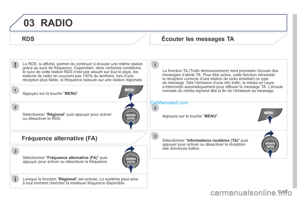 Peugeot Boxer 2014 Manuel du propriétaire (in French) 03
10.55
RADIO
Le RDS, si affi ché, permet de continuer à écouter une même station grâce au suivi de fréquence. Cependant, dans certaines conditions,\
le suivi de cette station RDS n’est Peugeot Boxer 2014 Manuel du propriétaire (in French) 03
10.55
RADIO
Le RDS, si affi ché, permet de continuer à écouter une même station grâce au suivi de fréquence. Cependant, dans certaines conditions,\
le suivi de cette station RDS n’est