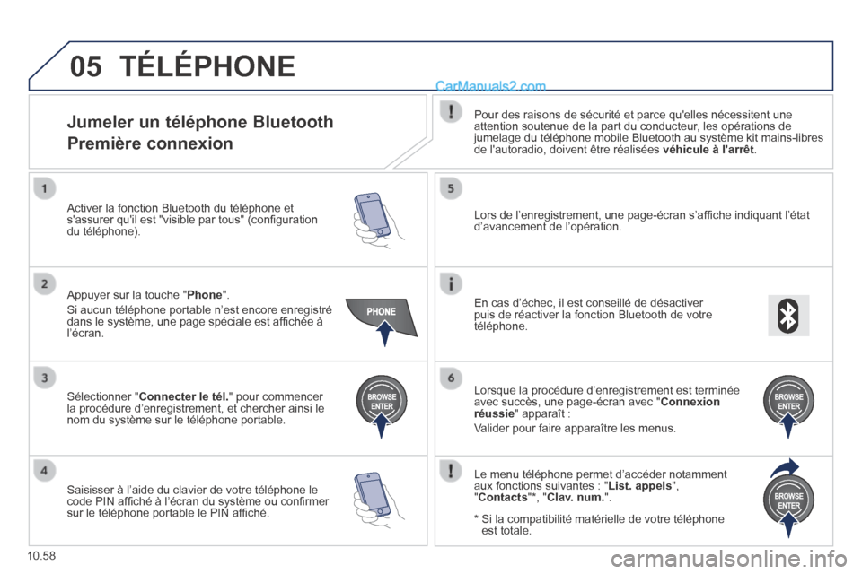 Peugeot Boxer 2014 Manuel du propriétaire (in French) 05
10.58
TÉLÉPHONE
Jumeler un téléphone Bluetooth
Première connexion
Pour des raisons de sécurité et parce quelles nécessitent une \
attention soutenue de la part du con Peugeot Boxer 2014 Manuel du propriétaire (in French) 05
10.58
TÉLÉPHONE
Jumeler un téléphone Bluetooth
Première connexion
Pour des raisons de sécurité et parce quelles nécessitent une \
attention soutenue de la part du con