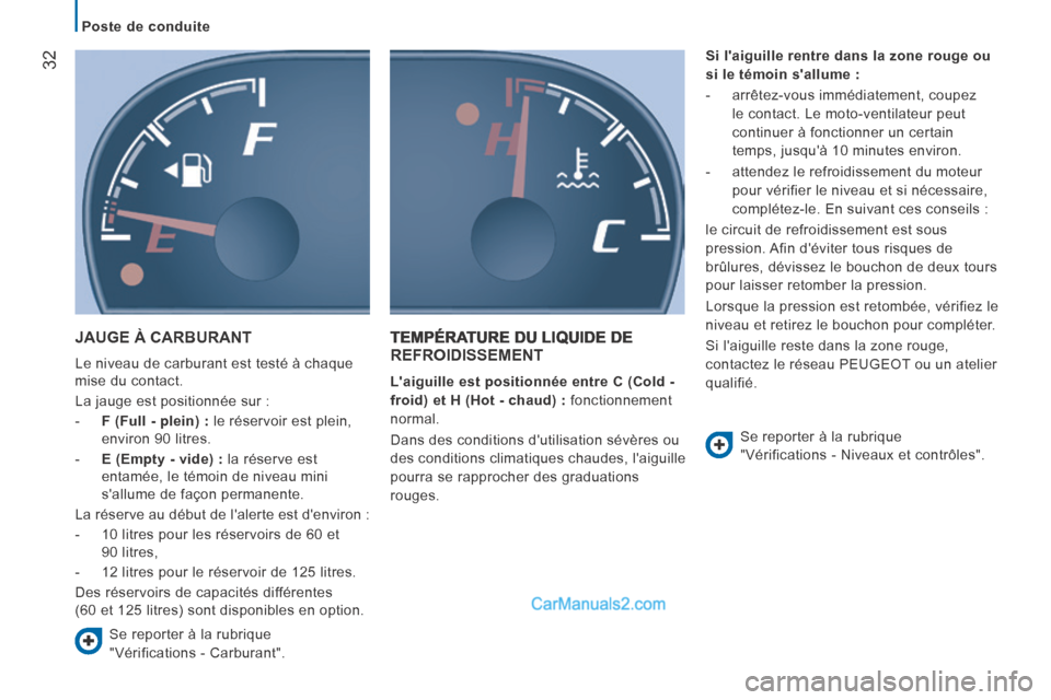 Peugeot Boxer 2014 Manuel du propriétaire (in French) Poste de conduite
32
JAUGE À CARBURANT
Le niveau de carburant est testé à chaque
mise du contact.
La jauge est positionnée sur :
- F (Full - plein) : le réservoir est plein Peugeot Boxer 2014 Manuel du propriétaire (in French) Poste de conduite
32
JAUGE À CARBURANT
Le niveau de carburant est testé à chaque
mise du contact.
La jauge est positionnée sur :
- F (Full - plein) : le réservoir est plein