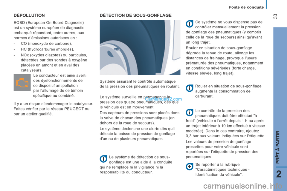 Peugeot Boxer 2014  Manuel du propriétaire (in French) Poste de conduite
33
2
PRÊT À PARTIR
 DÉPOLLUTION 
 EOBD (European On Board Diagnosis) 
est un système européen de diagnostic 
embarqué répondant, entre autres, aux 
normes démissions autoris