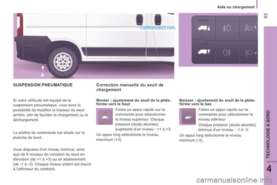 Peugeot Boxer 2014 Manuel du propriétaire (in French) Aide au chargement
93
4
TECHNOLOGIE À BORD
SUSPENSION PNEUMATIQUE
Si votre véhicule est équipé de la
suspension pneumatique, vous avez la
possibilité de modifier la hauteur du seuil
arri Peugeot Boxer 2014 Manuel du propriétaire (in French) Aide au chargement
93
4
TECHNOLOGIE À BORD
SUSPENSION PNEUMATIQUE
Si votre véhicule est équipé de la
suspension pneumatique, vous avez la
possibilité de modifier la hauteur du seuil
arri