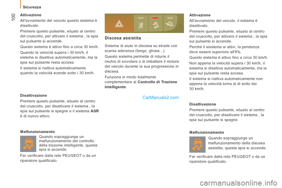 Peugeot Boxer 2014 Manuale del proprietario (in Italian) 100
Sicurezza
Sistema di aiuto in discesa su strade con
scarsa aderenza (fango, ghiaia...).
Questo sistema permette di ridurre il
rischio di scivolare o di imballare il motore
del veicolo Peugeot Boxer 2014 Manuale del proprietario (in Italian) 100
Sicurezza
Sistema di aiuto in discesa su strade con
scarsa aderenza (fango, ghiaia...).
Questo sistema permette di ridurre il
rischio di scivolare o di imballare il motore
del veicolo