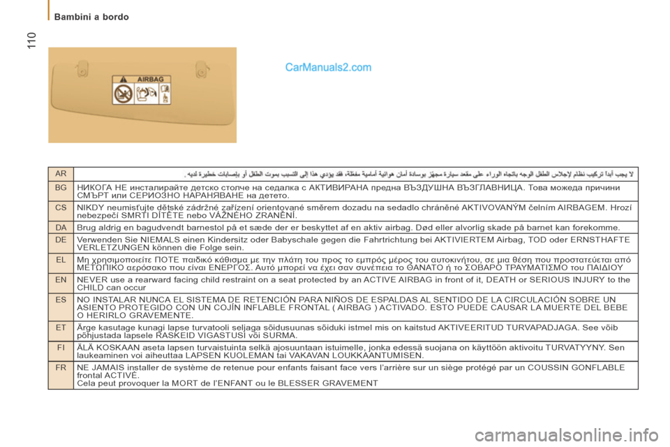 Peugeot Boxer 2014 Manuale del proprietario (in Italian) AR
BG
НИКОГА НЕ инсталирайте детско столче на седалка с АКТИВИРАНА предна ВЪЗДУШНА ВЪЗГЛАВНИЦА. Това можеда пр Peugeot Boxer 2014 Manuale del proprietario (in Italian) AR
BG
НИКОГА НЕ инсталирайте детско столче на седалка с АКТИВИРАНА предна ВЪЗДУШНА ВЪЗГЛАВНИЦА. Това можеда пр