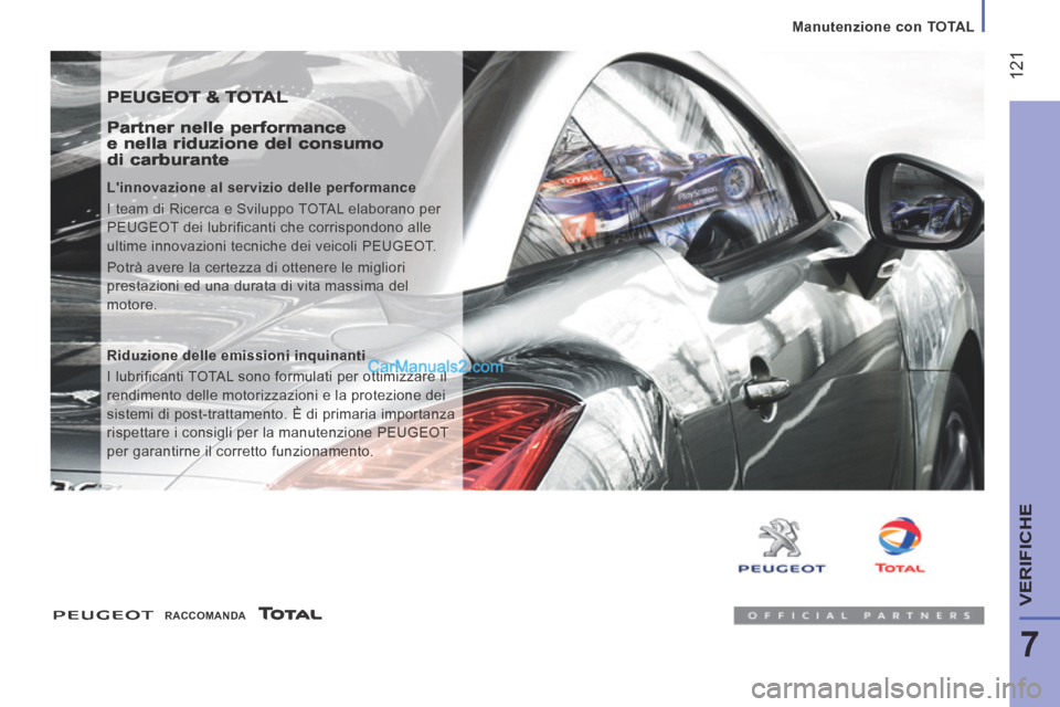 Peugeot Boxer 2014 Manuale del proprietario (in Italian) Manutenzione con TOTAL
121
7
VERIFICHE
PEUGEOT & TOTAL
Partner nelle performance e nella riduzione del consumo di carburante
Linnovazione al servizio delle performance
I team di R Peugeot Boxer 2014 Manuale del proprietario (in Italian) Manutenzione con TOTAL
121
7
VERIFICHE
PEUGEOT & TOTAL
Partner nelle performance e nella riduzione del consumo di carburante
Linnovazione al servizio delle performance
I team di R