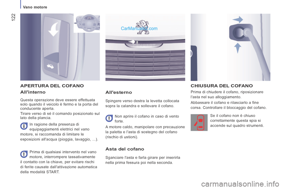 Peugeot Boxer 2014 Manuale del proprietario (in Italian) 122
Vano motore
Allinterno
Questa operazione deve essere effettuata
solo quando il veicolo è fermo e la porta del
conducente aperta.
Tirare verso di sé il comando posizionato sul
l Peugeot Boxer 2014 Manuale del proprietario (in Italian) 122
Vano motore
Allinterno
Questa operazione deve essere effettuata
solo quando il veicolo è fermo e la porta del
conducente aperta.
Tirare verso di sé il comando posizionato sul
l