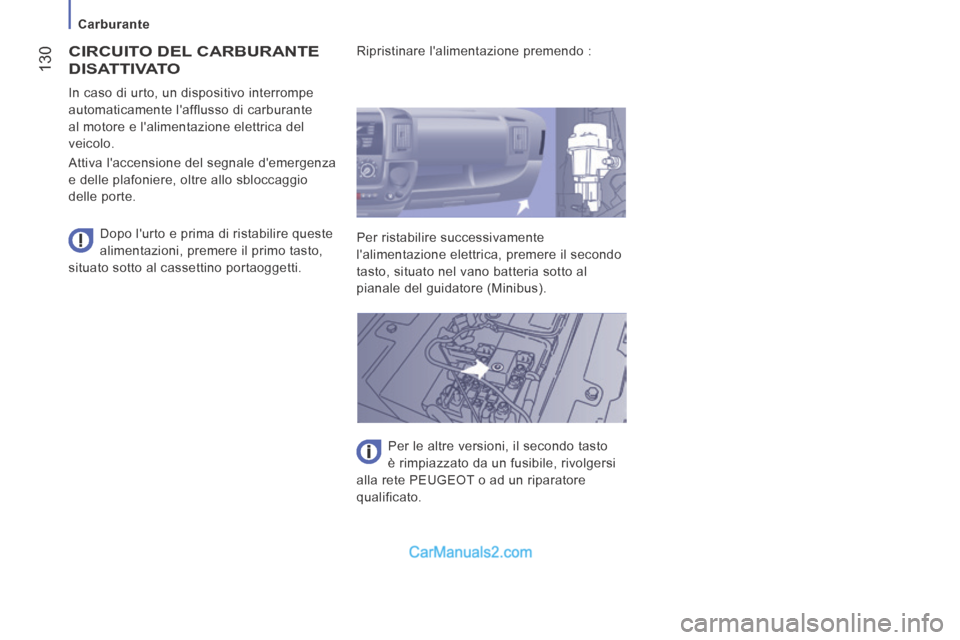 Peugeot Boxer 2014 Manuale del proprietario (in Italian) Carburante
130
CIRCUITO DEL CARBURANTE
DISATTIVATO
Dopo lurto e prima di ristabilire queste
alimentazioni, premere il primo tasto,
situato sotto al cassettino portaoggetti. In caso Peugeot Boxer 2014 Manuale del proprietario (in Italian) Carburante
130
CIRCUITO DEL CARBURANTE
DISATTIVATO
Dopo lurto e prima di ristabilire queste
alimentazioni, premere il primo tasto,
situato sotto al cassettino portaoggetti. In caso