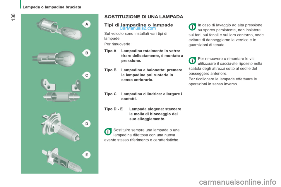 Peugeot Boxer 2014 Manuale del proprietario (in Italian) Lampada o lampadina bruciata
138 In caso di lavaggio ad alta pressione
su sporco persistente, non insistere
sui fari, sui fanali e sul loro contorno, onde
evitare di danneggiarne la vern Peugeot Boxer 2014 Manuale del proprietario (in Italian) Lampada o lampadina bruciata
138 In caso di lavaggio ad alta pressione
su sporco persistente, non insistere
sui fari, sui fanali e sul loro contorno, onde
evitare di danneggiarne la vern
