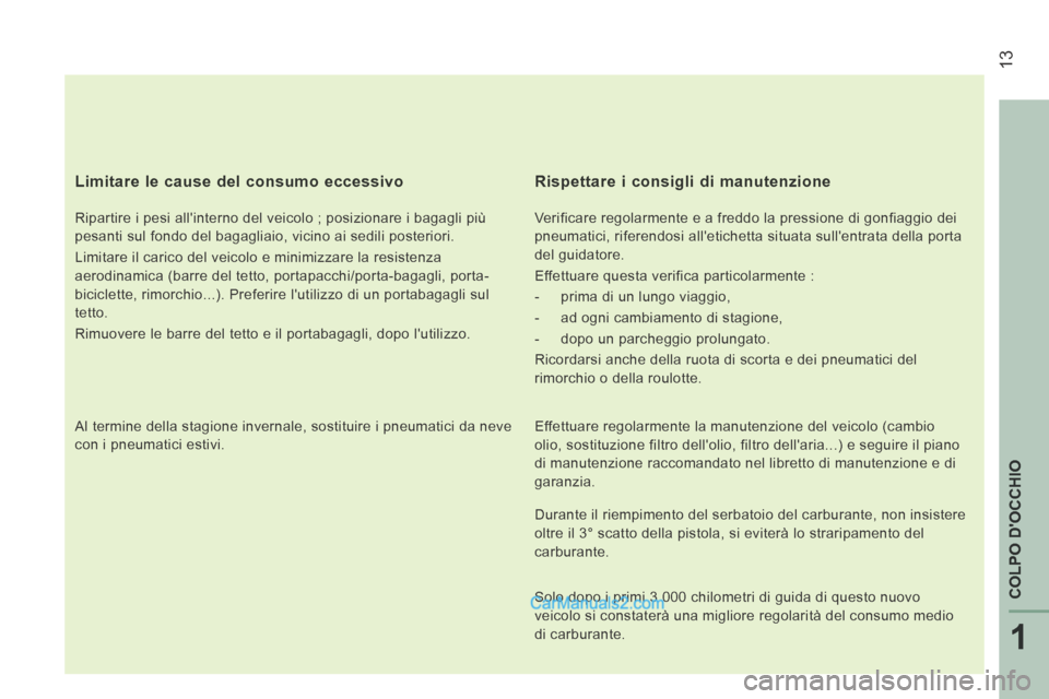 Peugeot Boxer 2014  Manuale del proprietario (in Italian)  13
1
COLPO DOCCHIO
  Limitare le cause del consumo eccessivo 
  Ripartire i pesi allinterno del veicolo ; posizionare i bagagli più 
pesanti sul fondo del bagagliaio, vicino ai sedili posteriori. 