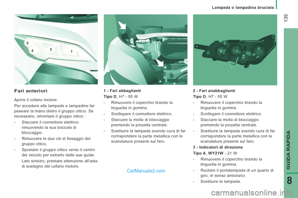 Peugeot Boxer 2014 Manuale del proprietario (in Italian) Lampada o lampadina bruciata
139
GUIDA RAPIDA
8
1 - Fari abbaglianti
Tipo D , H7 - 55 W
- Rimuovere il coperchio tirando la linguetta in gomma.
- Scollegare il connetto Peugeot Boxer 2014 Manuale del proprietario (in Italian) Lampada o lampadina bruciata
139
GUIDA RAPIDA
8
1 - Fari abbaglianti
Tipo D , H7 - 55 W
- Rimuovere il coperchio tirando la linguetta in gomma.
- Scollegare il connetto
