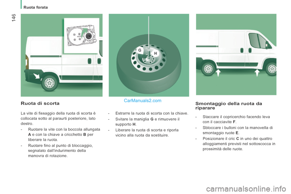 Peugeot Boxer 2014 Manuale del proprietario (in Italian) Ruota forata
146
Smontaggio della ruota da riparare
- Staccare il copricerchio facendo leva con il cacciavite F .
- Sbloccare i bulloni con la manovella di smontaggio ruote Peugeot Boxer 2014 Manuale del proprietario (in Italian) Ruota forata
146
Smontaggio della ruota da riparare
- Staccare il copricerchio facendo leva con il cacciavite F .
- Sbloccare i bulloni con la manovella di smontaggio ruote