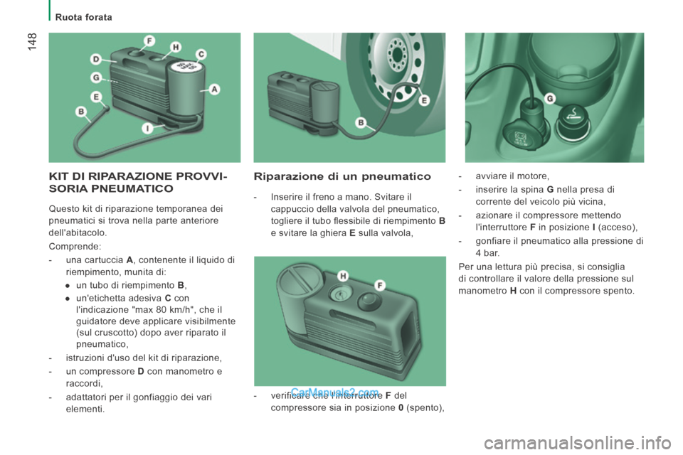 Peugeot Boxer 2014 Manuale del proprietario (in Italian) Ruota forata
148
KIT DI RIPARAZIONE PROVVI-
SORIA PNEUMATICO
Riparazione di un pneumatico
- Inserire il freno a mano. Svitare il cappuccio della valvola del pneumatico,
togliere il Peugeot Boxer 2014 Manuale del proprietario (in Italian) Ruota forata
148
KIT DI RIPARAZIONE PROVVI-
SORIA PNEUMATICO
Riparazione di un pneumatico
- Inserire il freno a mano. Svitare il cappuccio della valvola del pneumatico,
togliere il