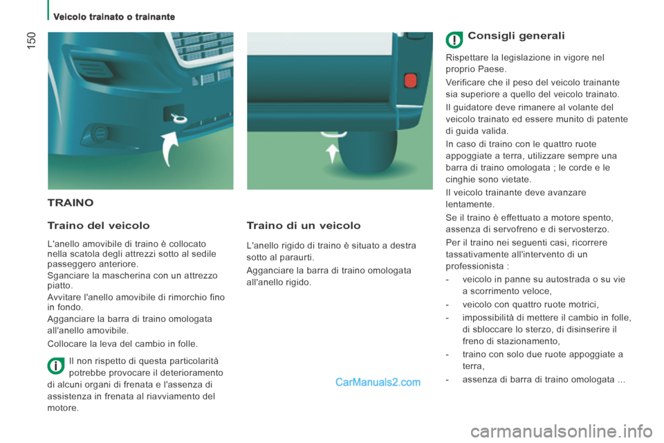 Peugeot Boxer 2014 Manuale del proprietario (in Italian) Veicolo trainato o trainante
150
TRAINO
Traino del veicolo
Lanello amovibile di traino è collocato
nella scatola degli attrezzi sotto al sedile
passeggero anteriore.
Sganciare Peugeot Boxer 2014 Manuale del proprietario (in Italian) Veicolo trainato o trainante
150
TRAINO
Traino del veicolo
Lanello amovibile di traino è collocato
nella scatola degli attrezzi sotto al sedile
passeggero anteriore.
Sganciare