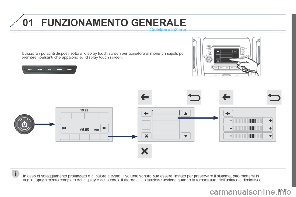 Peugeot Boxer 2014 Manuale del proprietario (in Italian) 01
Utilizzare i pulsanti disposti sotto al display touch screen per acceder\
e ai menu principali, poi premere i pulsanti che appaiono sul display touch screen.
FUNZIONAMENTO GENERALE
Peugeot Boxer 2014 Manuale del proprietario (in Italian) 01
Utilizzare i pulsanti disposti sotto al display touch screen per acceder\
e ai menu principali, poi premere i pulsanti che appaiono sul display touch screen.
FUNZIONAMENTO GENERALE