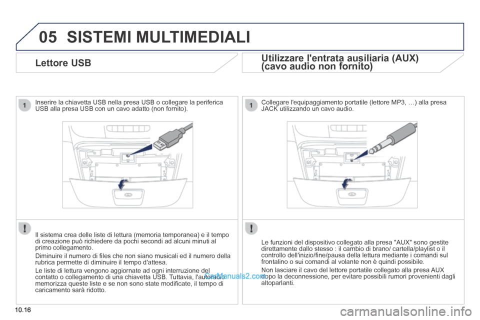 Peugeot Boxer 2014 Manuale del proprietario (in Italian) 05
10.16
Lettore USB
Inserire la chiavetta USB nella presa USB o collegare la periferica USB alla presa USB con un cavo adatto (non fornito).
Il sistema crea delle liste di lettu Peugeot Boxer 2014 Manuale del proprietario (in Italian) 05
10.16
Lettore USB
Inserire la chiavetta USB nella presa USB o collegare la periferica USB alla presa USB con un cavo adatto (non fornito).
Il sistema crea delle liste di lettu