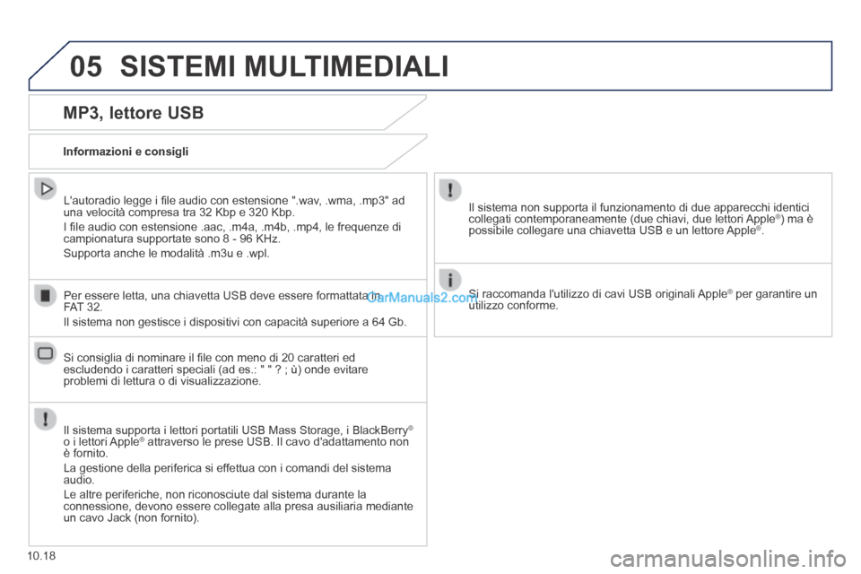 Peugeot Boxer 2014 Manuale del proprietario (in Italian) 05 SISTEMI MULTIMEDIALI
10.18
MP3, lettore USB
Informazioni e consigli
Il sistema supporta i lettori portatili USB Mass Storage, i BlackBerry®
o i lettori Apple® attraverso le prese Peugeot Boxer 2014 Manuale del proprietario (in Italian) 05 SISTEMI MULTIMEDIALI
10.18
MP3, lettore USB
Informazioni e consigli
Il sistema supporta i lettori portatili USB Mass Storage, i BlackBerry®
o i lettori Apple® attraverso le prese