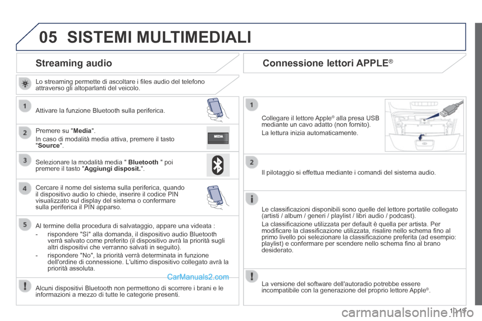 Peugeot Boxer 2014  Manuale del proprietario (in Italian) 05
10.19
      Streaming  audio 
  Lo streaming permette di ascoltare i ﬁ les audio del telefono attraverso gli altoparlanti del veicolo.  
  Attivare la funzione Bluetooth sulla periferica.  
  Pre