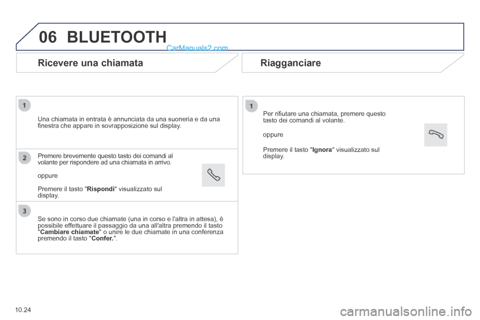 Peugeot Boxer 2014 Manuale del proprietario (in Italian) 06
Ricevere una chiamata
Una chiamata in entrata è annunciata da una suoneria e da una fi nestra che appare in sovrapposizione sul display.
Se sono in corso due chiamate (una in corso e l Peugeot Boxer 2014 Manuale del proprietario (in Italian) 06
Ricevere una chiamata
Una chiamata in entrata è annunciata da una suoneria e da una fi nestra che appare in sovrapposizione sul display.
Se sono in corso due chiamate (una in corso e l