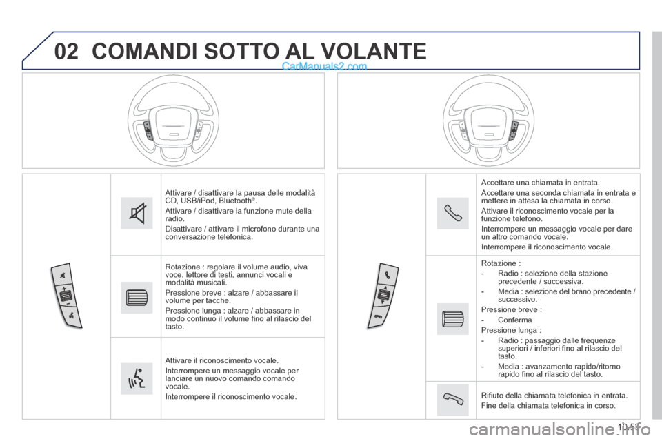 Peugeot Boxer 2014 Manuale del proprietario (in Italian) 02
10.53
COMANDI SOTTO AL VOLANTE
Attivare / disattivare la pausa delle modalità CD, USB/iPod, Bluetooth ® . Attivare / disattivare la funzione mute della radio. Disattivare / attivare il micro Peugeot Boxer 2014 Manuale del proprietario (in Italian) 02
10.53
COMANDI SOTTO AL VOLANTE
Attivare / disattivare la pausa delle modalità CD, USB/iPod, Bluetooth ® . Attivare / disattivare la funzione mute della radio. Disattivare / attivare il micro