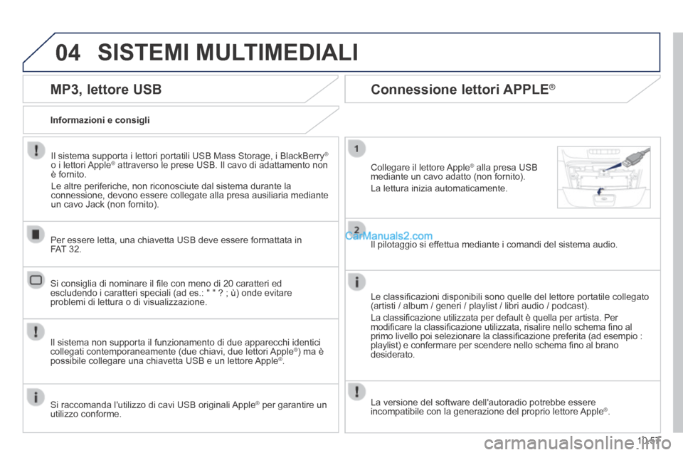 Peugeot Boxer 2014 Manuale del proprietario (in Italian) 04
10.57
SISTEMI MULTIMEDIALI
MP3, lettore USB
Informazioni e consigli
Il sistema supporta i lettori portatili USB Mass Storage, i BlackBerry ®
o i lettori Apple ® attraverso le pre Peugeot Boxer 2014 Manuale del proprietario (in Italian) 04
10.57
SISTEMI MULTIMEDIALI
MP3, lettore USB
Informazioni e consigli
Il sistema supporta i lettori portatili USB Mass Storage, i BlackBerry ®
o i lettori Apple ® attraverso le pre