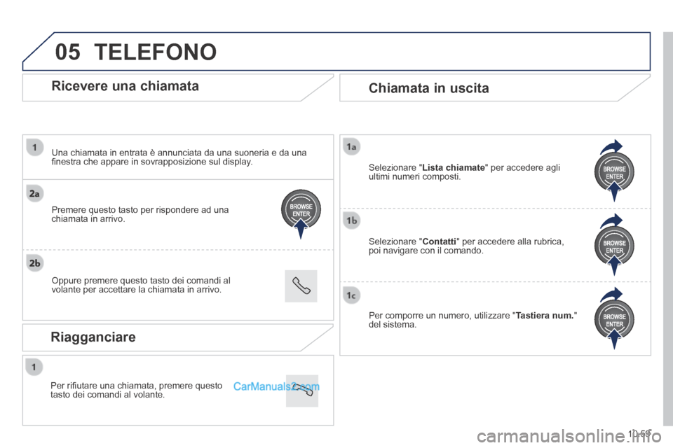 Peugeot Boxer 2014 Manuale del proprietario (in Italian) 05
10.59
Ricevere una chiamata
Una chiamata in entrata è annunciata da una suoneria e da una fi nestra che appare in sovrapposizione sul display.
Premere questo tasto per rispondere ad Peugeot Boxer 2014 Manuale del proprietario (in Italian) 05
10.59
Ricevere una chiamata
Una chiamata in entrata è annunciata da una suoneria e da una fi nestra che appare in sovrapposizione sul display.
Premere questo tasto per rispondere ad