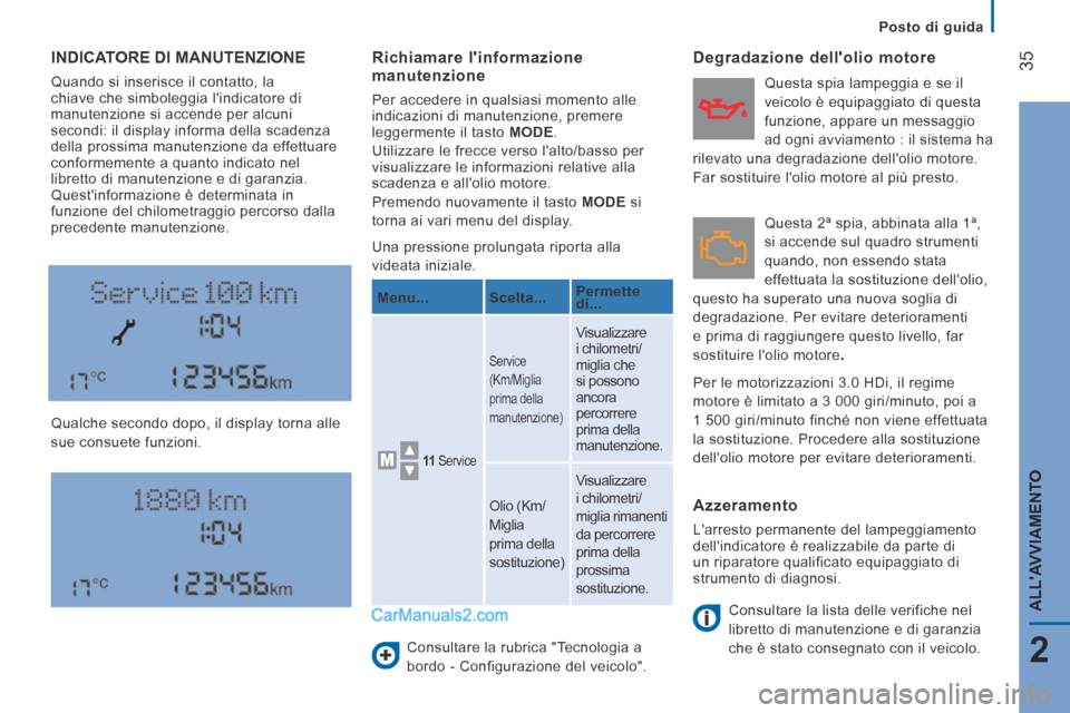 Peugeot Boxer 2014  Manuale del proprietario (in Italian)    Posto  di  guida   
35
2
ALLAVVIAMENTO
 INDICATORE DI MANUTENZIONE 
 Quando si inserisce il contatto, la 
chiave che simboleggia lindicatore di 
manutenzione si accende per alcuni 
secondi: il di