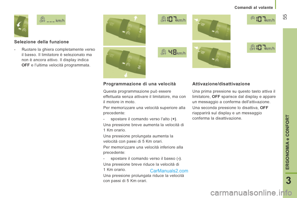 Peugeot Boxer 2014 Manuale del proprietario (in Italian) 55
3
ERGONOMIA
e CONFORT
Comandi al volante
Selezione della funzione
- Ruotare la ghiera completamente verso il basso. Il limitatore è selezionato ma
non è ancora attivo. Il Peugeot Boxer 2014 Manuale del proprietario (in Italian) 55
3
ERGONOMIA
e CONFORT
Comandi al volante
Selezione della funzione
- Ruotare la ghiera completamente verso il basso. Il limitatore è selezionato ma
non è ancora attivo. Il