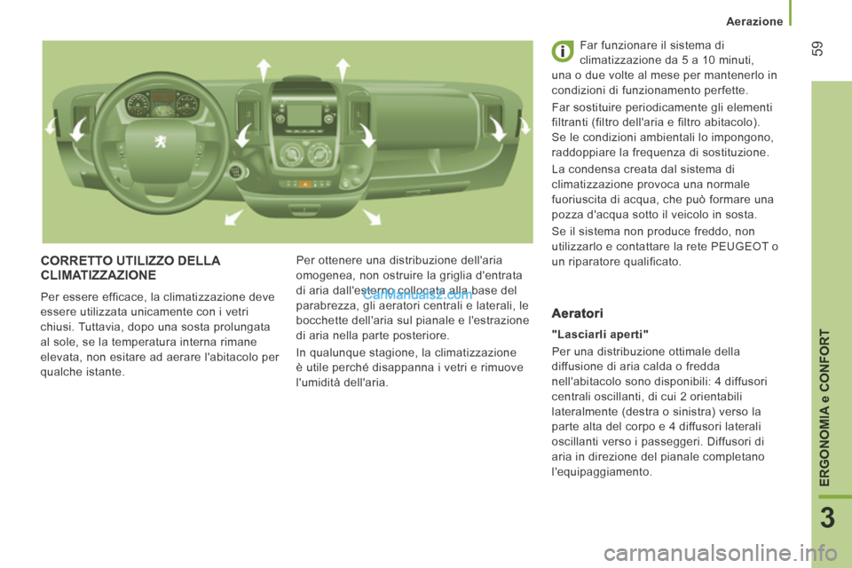Peugeot Boxer 2014 Manuale del proprietario (in Italian) Aerazione
59
3
ERGONOMIA
e CONFORT
CORRETTO UTILIZZO DELLA CLIMATIZZAZIONE
Per essere efficace, la climatizzazione deve
essere utilizzata unicamente con i vetri
chiusi. Tuttavia, dopo una Peugeot Boxer 2014 Manuale del proprietario (in Italian) Aerazione
59
3
ERGONOMIA
e CONFORT
CORRETTO UTILIZZO DELLA CLIMATIZZAZIONE
Per essere efficace, la climatizzazione deve
essere utilizzata unicamente con i vetri
chiusi. Tuttavia, dopo una