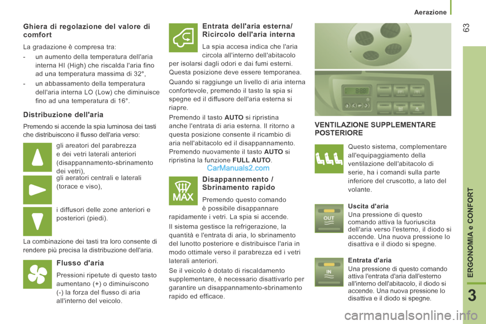 Peugeot Boxer 2014 Manuale del proprietario (in Italian) Aerazione
63
3
ERGONOMIA
e CONFORT
Ghiera di regolazione del valore di comfort
La gradazione è compresa tra:
- un aumento della temperatura dellaria interna HI (High) che riscal Peugeot Boxer 2014 Manuale del proprietario (in Italian) Aerazione
63
3
ERGONOMIA
e CONFORT
Ghiera di regolazione del valore di comfort
La gradazione è compresa tra:
- un aumento della temperatura dellaria interna HI (High) che riscal