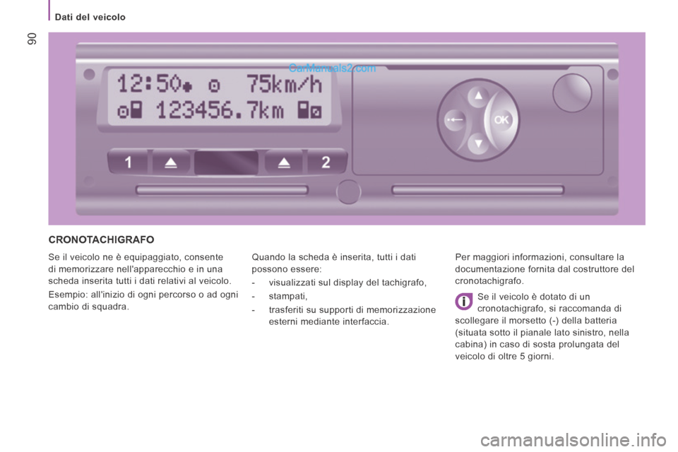 Peugeot Boxer 2014 Manuale del proprietario (in Italian) 90
Dati del veicolo
CRONOTACHIGRAFO
Se il veicolo ne è equipaggiato, consente
di memorizzare nellapparecchio e in una
scheda inserita tutti i dati relativi al veicolo.
Esempio: alli Peugeot Boxer 2014 Manuale del proprietario (in Italian) 90
Dati del veicolo
CRONOTACHIGRAFO
Se il veicolo ne è equipaggiato, consente
di memorizzare nellapparecchio e in una
scheda inserita tutti i dati relativi al veicolo.
Esempio: alli