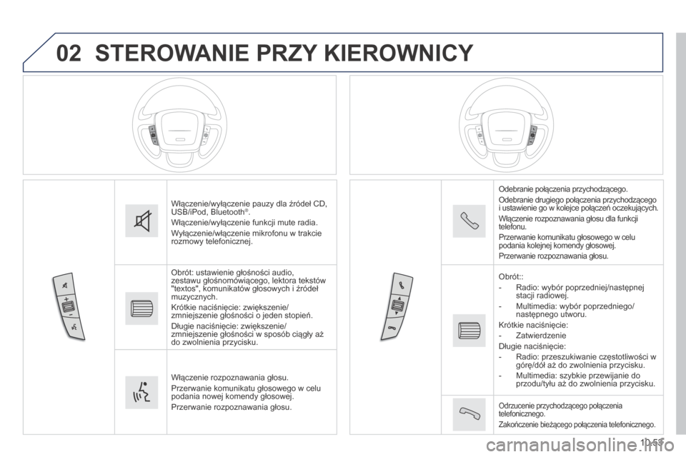 Peugeot Boxer 2014 Instrukcja Obsługi (in Polish) 02
10.53
STEROWANIE PRZY KIEROWNICY
Włączenie/wyłączenie pauzy dla źródeł CD, USB/iPod, Bluetooth ® . Włączenie/wyłączenie funkcji mute radia. Wyłączenie/włączenie mikrofonu w tr Peugeot Boxer 2014 Instrukcja Obsługi (in Polish) 02
10.53
STEROWANIE PRZY KIEROWNICY
Włączenie/wyłączenie pauzy dla źródeł CD, USB/iPod, Bluetooth ® . Włączenie/wyłączenie funkcji mute radia. Wyłączenie/włączenie mikrofonu w tr