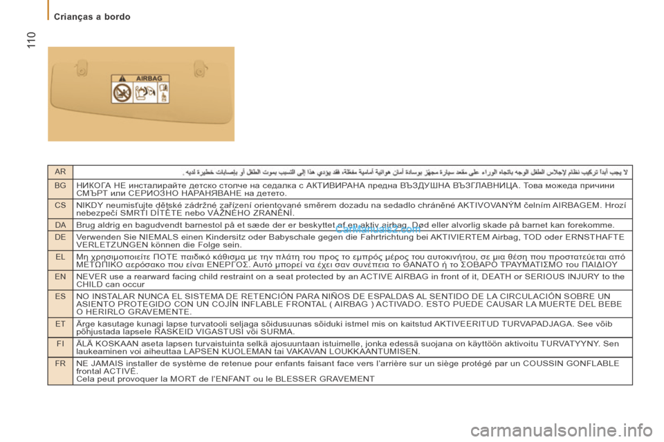Peugeot Boxer 2014  Manual do proprietário (in Portuguese) AR
BG
НИКОГА НЕ инсталирайте детско столче на седалка с АКТИВИРАНА предна ВЪЗДУШНА ВЪЗГЛАВНИЦА. Това можеда пр