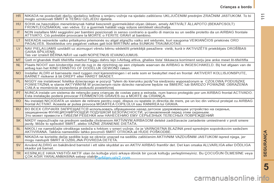 Peugeot Boxer 2014  Manual do proprietário (in Portuguese) HRNIKADA ne postavljati dječju sjedalicu leđima u smjeru vožnje na sjedalo zaštićeno UKLJUČENIM prednjim ZRAČNIM JASTUKOM. To bi 
moglo uzrokovati SMRT ili TEŠKU OZLJEDU djeteta.
HUSOHA ne has