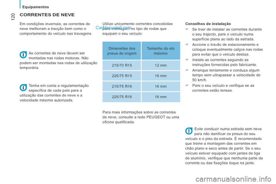 Peugeot Boxer 2014 Manual do proprietário (in Portuguese) Equipamentos
120
CORRENTES DE NEVE
Em condições invernais, as correntes de
neve melhoram a tracção bem como o
comportamento do veículo nas travagens. As correntes de neve dev Peugeot Boxer 2014 Manual do proprietário (in Portuguese) Equipamentos
120
CORRENTES DE NEVE
Em condições invernais, as correntes de
neve melhoram a tracção bem como o
comportamento do veículo nas travagens. As correntes de neve dev