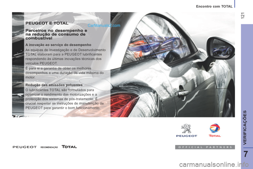 Peugeot Boxer 2014 Manual do proprietário (in Portuguese) Encontro com TOTAL
121
7
VERIFICAÇÕES
PEUGEOT E TOTAL
Parceiros no desempenho e na redução de consumo de combustível
A inovação ao serviço do desempenho
As equipas de Investi Peugeot Boxer 2014 Manual do proprietário (in Portuguese) Encontro com TOTAL
121
7
VERIFICAÇÕES
PEUGEOT E TOTAL
Parceiros no desempenho e na redução de consumo de combustível
A inovação ao serviço do desempenho
As equipas de Investi