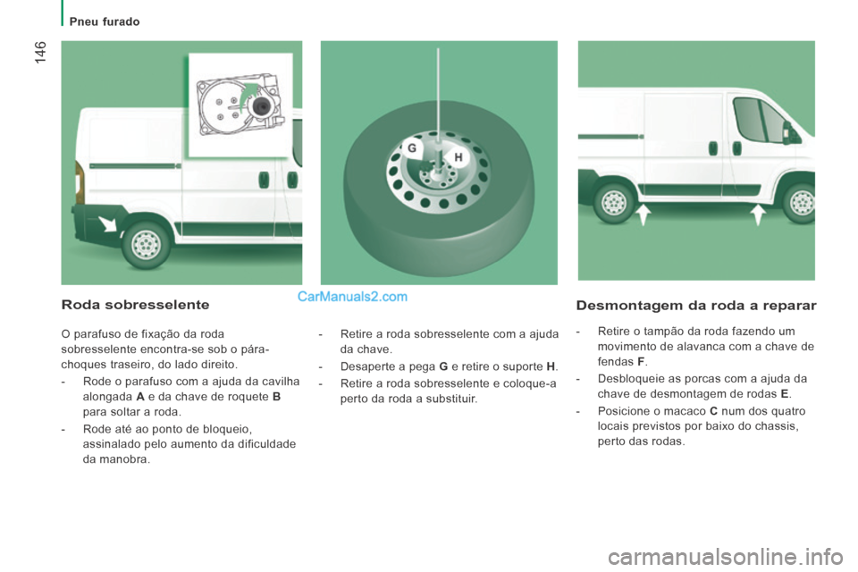 Peugeot Boxer 2014 Manual do proprietário (in Portuguese) Pneu furado
146
Desmontagem da roda a reparar
- Retire o tampão da roda fazendo um movimento de alavanca com a chave de
fendas F .
- Desbloqueie as porcas com a ajuda da chav Peugeot Boxer 2014 Manual do proprietário (in Portuguese) Pneu furado
146
Desmontagem da roda a reparar
- Retire o tampão da roda fazendo um movimento de alavanca com a chave de
fendas F .
- Desbloqueie as porcas com a ajuda da chav