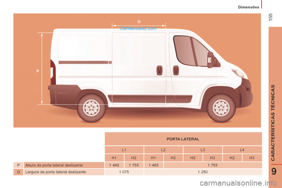 Peugeot Boxer 2014  Manual do proprietário (in Portuguese)  155
9
CARACTERÍSTICAS TÉCNICAS
   Dimensões   
          PORTA LATERAL   
          L1    L2    L3    L4  
          H1    H2    H1    H2    H2    H3    H2    H3  
  P    Altura da porta lateral d