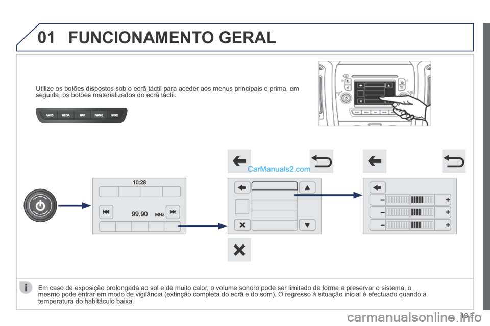 Peugeot Boxer 2014 Manual do proprietário (in Portuguese) 01
Utilize os botões dispostos sob o ecrã táctil para aceder aos m\
enus principais e prima, em seguida, os botões materializados do ecrã táctil.
FUNCIONAMENTO GERAL
Em caso de e Peugeot Boxer 2014 Manual do proprietário (in Portuguese) 01
Utilize os botões dispostos sob o ecrã táctil para aceder aos m\
enus principais e prima, em seguida, os botões materializados do ecrã táctil.
FUNCIONAMENTO GERAL
Em caso de e