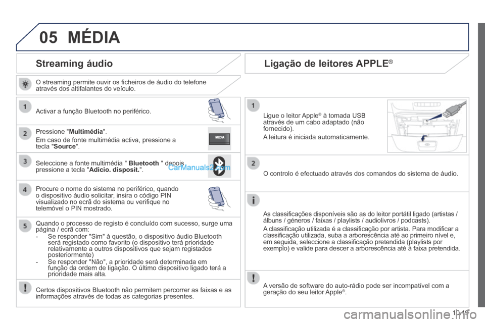 Peugeot Boxer 2014 Manual do proprietário (in Portuguese) 05
10.19
Streaming áudio
O streaming permite ouvir os fi cheiros de áudio do telefone através dos altifalantes do veículo.
Activar a função Bluetooth no periférico.
Pressione Peugeot Boxer 2014 Manual do proprietário (in Portuguese) 05
10.19
Streaming áudio
O streaming permite ouvir os fi cheiros de áudio do telefone através dos altifalantes do veículo.
Activar a função Bluetooth no periférico.
Pressione