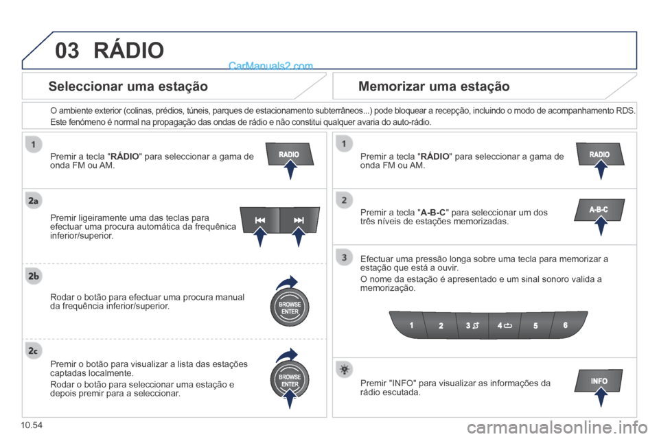 Peugeot Boxer 2014 Manual do proprietário (in Portuguese) 03
10.54
Premir a tecla "RÁDIO" para seleccionar a gama de onda FM ou AM.
O ambiente exterior (colinas, prédios, túneis, parques de estacio\
namento subterrâneos...) pode bloquear a recepç Peugeot Boxer 2014 Manual do proprietário (in Portuguese) 03
10.54
Premir a tecla "RÁDIO" para seleccionar a gama de onda FM ou AM.
O ambiente exterior (colinas, prédios, túneis, parques de estacio\
namento subterrâneos...) pode bloquear a recepç