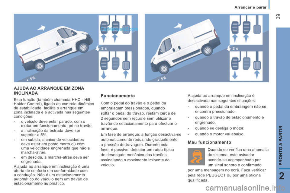 Peugeot Boxer 2014 Manual do proprietário (in Portuguese) Arrancar e parar
39
2
PRONTO A PARTIR
AJUDA AO ARRANQUE EM ZONA INCLINADA
Esta função (também chamada HHC - Hill
Holder Control), ligada ao controlo dinâmico
de estabilidade, facilita Peugeot Boxer 2014 Manual do proprietário (in Portuguese) Arrancar e parar
39
2
PRONTO A PARTIR
AJUDA AO ARRANQUE EM ZONA INCLINADA
Esta função (também chamada HHC - Hill
Holder Control), ligada ao controlo dinâmico
de estabilidade, facilita