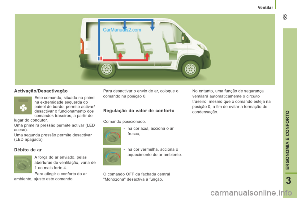 Peugeot Boxer 2014 Manual do proprietário (in Portuguese) Ventilar
65
3
ERGONOMIA E CONFORTO
Activação/Desactivação
Este comando, situado no painel
na extremidade esquerda do
painel de bordo, permite activar/
desactivar o funcionamento dos
c Peugeot Boxer 2014 Manual do proprietário (in Portuguese) Ventilar
65
3
ERGONOMIA E CONFORTO
Activação/Desactivação
Este comando, situado no painel
na extremidade esquerda do
painel de bordo, permite activar/
desactivar o funcionamento dos
c