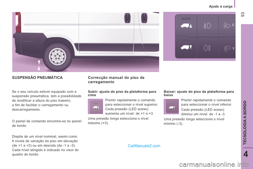 Peugeot Boxer 2014  Manual do proprietário (in Portuguese)    Ajuda  à  carga   
 93
4
TECNOLOGIA A BORDO
 SUSPENSÃO  PNEUMÁTICA 
 Se o seu veículo estiver equipado com a 
suspensão pneumática, tem a possibilidade 
de modificar a altura do piso traseiro