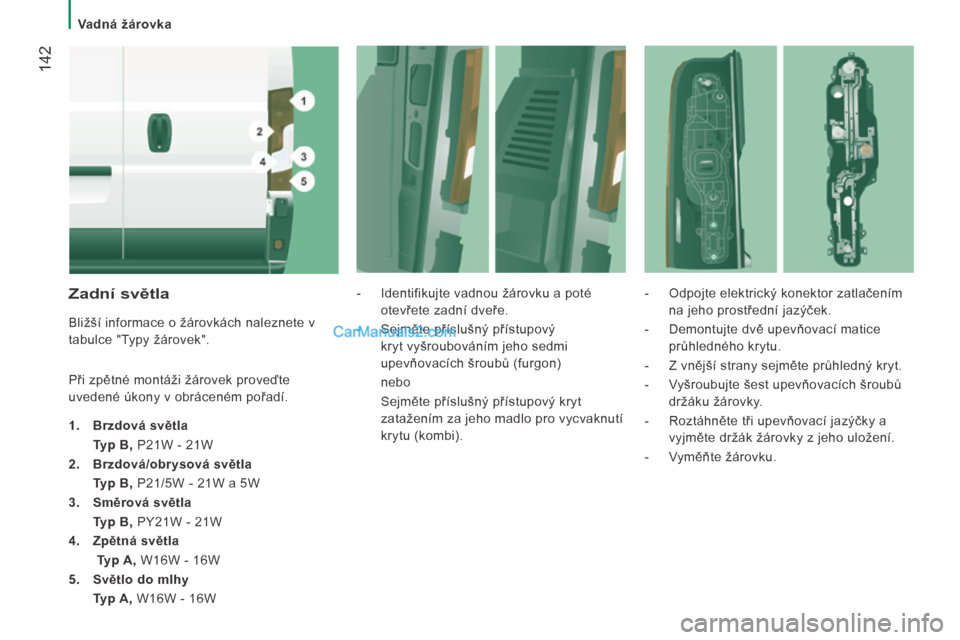 Peugeot Boxer 2014 Návod k obsluze (in Czech) Vadná žárovka
142
Zadní světla
Bližší informace o žárovkách naleznete v
tabulce "Typy žárovek".
Při zpětné montáži žárovek proveďte
uvedené úkony v obráceném po Peugeot Boxer 2014 Návod k obsluze (in Czech) Vadná žárovka
142
Zadní světla
Bližší informace o žárovkách naleznete v
tabulce "Typy žárovek".
Při zpětné montáži žárovek proveďte
uvedené úkony v obráceném po