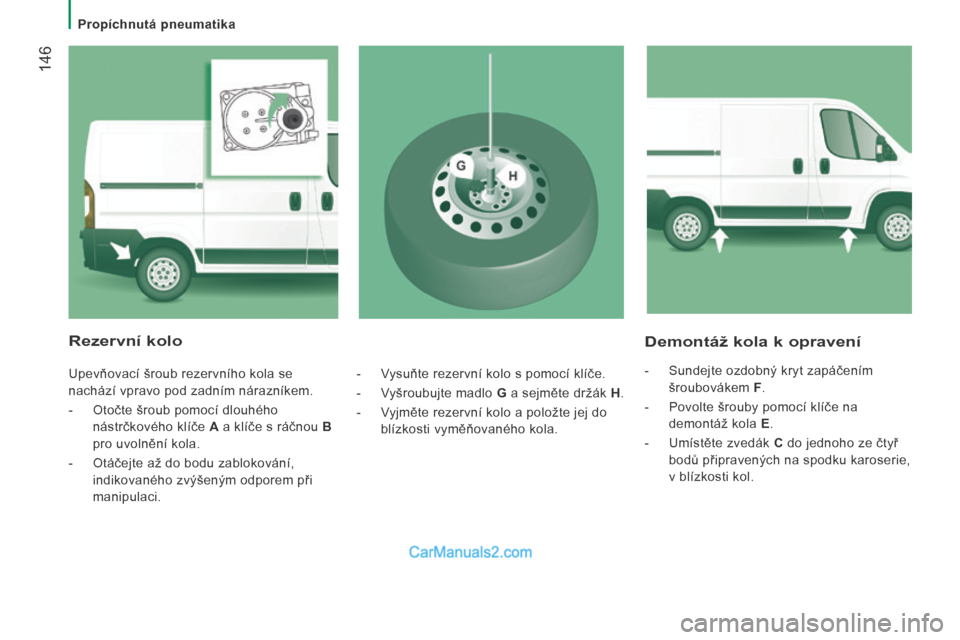 Peugeot Boxer 2014 Návod k obsluze (in Czech) Propíchnutá pneumatika
146
Demontáž kola k opravení
- Sundejte ozdobný kryt zapáčením šroubovákem F .
- Povolte šrouby pomocí klíče na demontáž kola E .
Peugeot Boxer 2014 Návod k obsluze (in Czech) Propíchnutá pneumatika
146
Demontáž kola k opravení
- Sundejte ozdobný kryt zapáčením šroubovákem F .
- Povolte šrouby pomocí klíče na demontáž kola E .