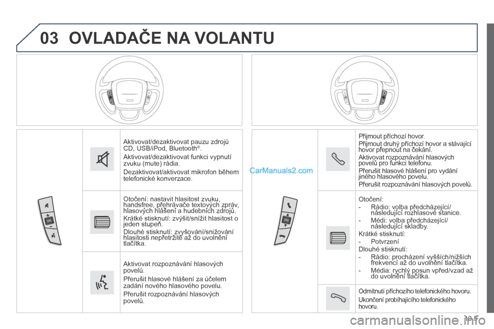 Peugeot Boxer 2014 Návod k obsluze (in Czech) 03
10.5
OVLADAČE NA VOLANTU
Aktivovat/dezaktivovat pauzu zdrojů CD, USB/iPod, Bluetooth ® .
Aktivovat/dezaktivovat funkci vypnutí zvuku (mute) rádia.
Dezaktivovat/aktivovat mikrofon běhe Peugeot Boxer 2014 Návod k obsluze (in Czech) 03
10.5
OVLADAČE NA VOLANTU
Aktivovat/dezaktivovat pauzu zdrojů CD, USB/iPod, Bluetooth ® .
Aktivovat/dezaktivovat funkci vypnutí zvuku (mute) rádia.
Dezaktivovat/aktivovat mikrofon běhe