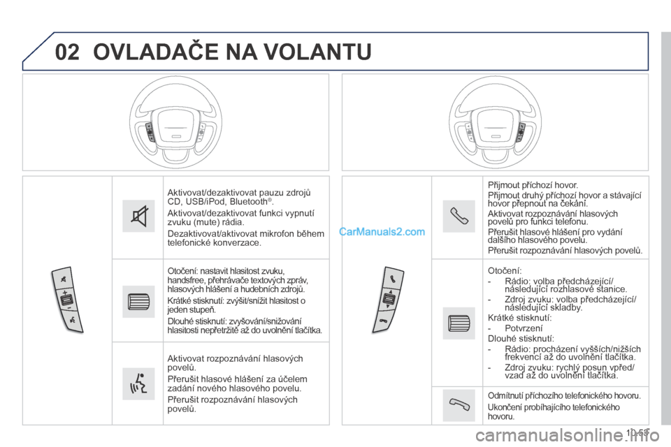 Peugeot Boxer 2014 Návod k obsluze (in Czech) 02
10.53
OVLADAČE NA VOLANTU
Aktivovat/dezaktivovat pauzu zdrojů CD, USB/iPod, Bluetooth ® .
Aktivovat/dezaktivovat funkci vypnutí zvuku (mute) rádia.
Dezaktivovat/aktivovat mikrofon běh Peugeot Boxer 2014 Návod k obsluze (in Czech) 02
10.53
OVLADAČE NA VOLANTU
Aktivovat/dezaktivovat pauzu zdrojů CD, USB/iPod, Bluetooth ® .
Aktivovat/dezaktivovat funkci vypnutí zvuku (mute) rádia.
Dezaktivovat/aktivovat mikrofon běh