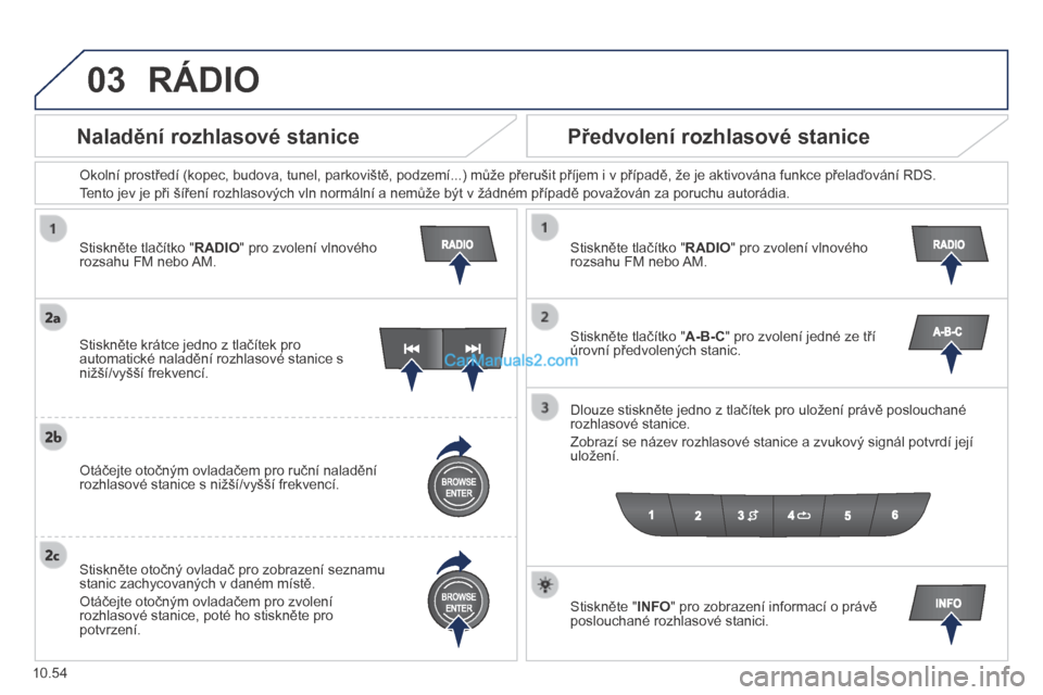 Peugeot Boxer 2014 Návod k obsluze (in Czech) 03
10.54
Stiskněte tlačítko " RADIO " pro zvolení vlnového rozsahu FM nebo AM.
Okolní prostředí (kopec, budova, tunel, parkoviště, podzemí...) může přerušit příjem i v případ Peugeot Boxer 2014 Návod k obsluze (in Czech) 03
10.54
Stiskněte tlačítko " RADIO " pro zvolení vlnového rozsahu FM nebo AM.
Okolní prostředí (kopec, budova, tunel, parkoviště, podzemí...) může přerušit příjem i v případ