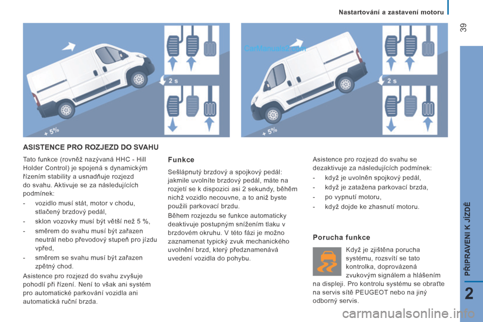 Peugeot Boxer 2014 Návod k obsluze (in Czech) Nastartování a zastavení motoru
39
2
PŘIPRAVENI K JÍZDĚ
ASISTENCE PRO ROZJEZD DO SVAHU
Tato funkce (rovněž nazývaná HHC - Hill
Holder Control) je spojená s dynamickým
řízením Peugeot Boxer 2014 Návod k obsluze (in Czech) Nastartování a zastavení motoru
39
2
PŘIPRAVENI K JÍZDĚ
ASISTENCE PRO ROZJEZD DO SVAHU
Tato funkce (rovněž nazývaná HHC - Hill
Holder Control) je spojená s dynamickým
řízením